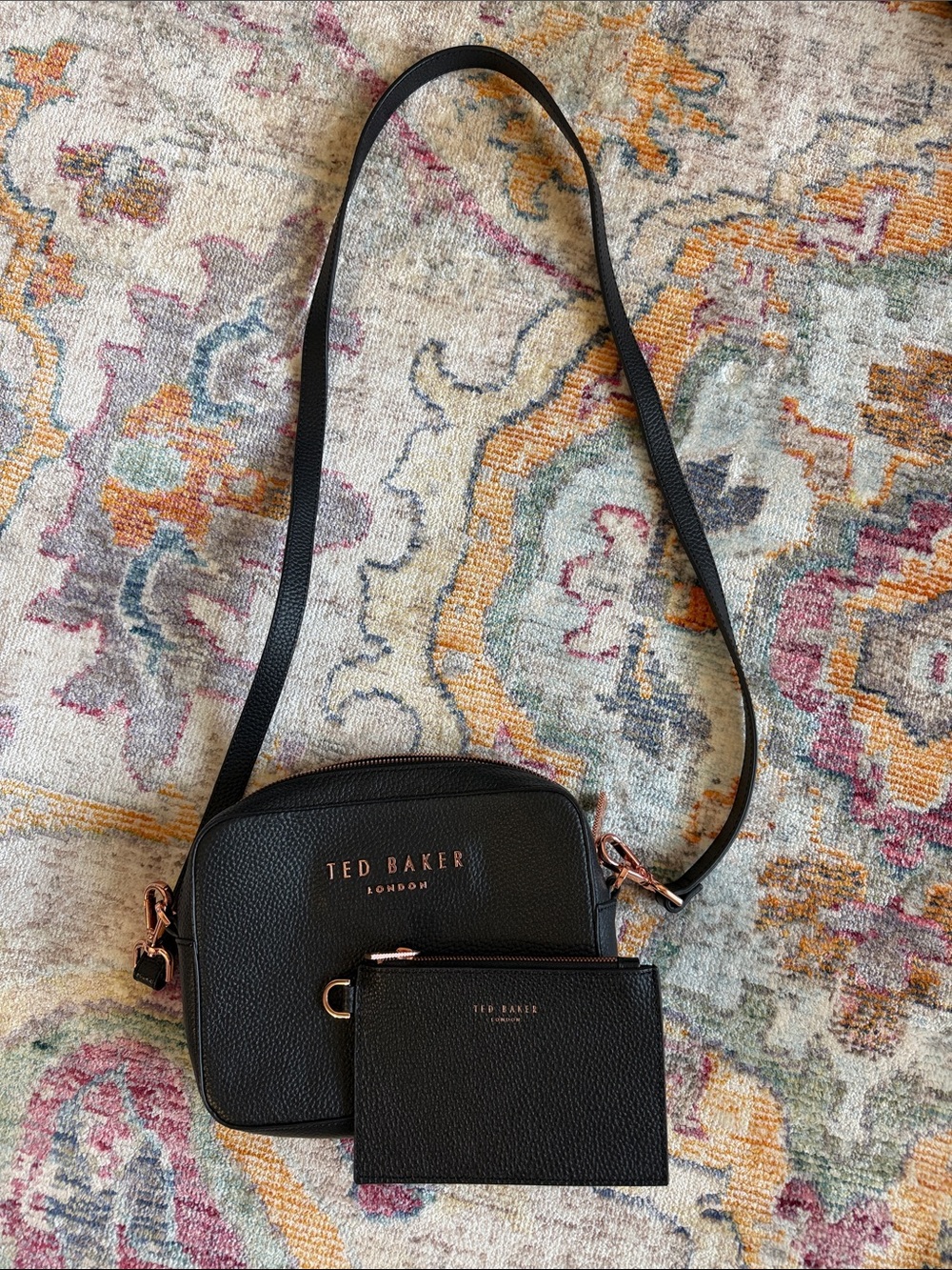 Ted Baker Black Leather Crossbody with Rose Gold Hardware